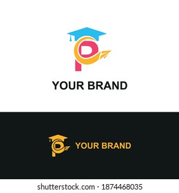 Initial letter P with toga hat  graduation gown and paper plane flying around for education academy logo concept 