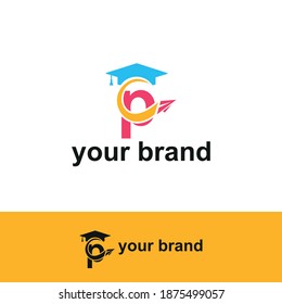 Initial letter p with toga hat graduation gown and paper plane flying around for education academy logo concept