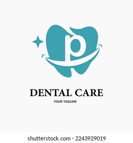 Initial Letter p with Tooth and Smile Icon for Dental Health Care and Dental Clinic, Dentistry Business Logo Idea Template