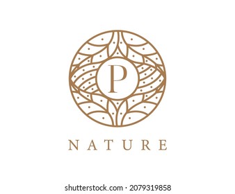 letra inicial logotipo de la hoja tropical P. Ilustraciones del vector con logotipo Emblem. Diseño de logotipo vectorial para productos naturales, floristería, cosméticos, conceptos ecológicos, salud, spa.