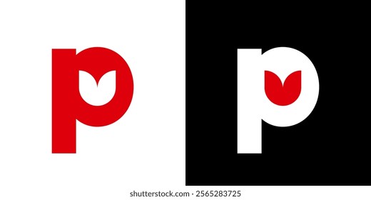 Initial letter P tulip love heart book logo template black white red	