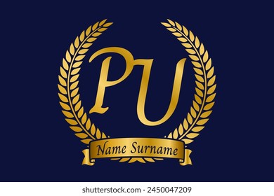 Anfangsbuchstabe P und U, PU Monogramm Logo Design mit Lorbeerkranz. Luxuriöse goldene Kalligrafie Schriftart.