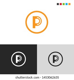 Initial Letter p uppercase inside circle logo design template elements. Orange letter Isolated on black white grey background. Suitable for business, consulting group company.