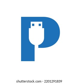 Letra inicial P Diseño de símbolo USB. Vector de iconos de cable USB de conexión de equipo