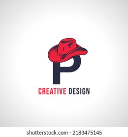 Initial Letter P Vector Logo Design with Red Cowboy Hat