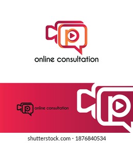 Letra inicial p con icono de chat de cámara de videollamadas para el concepto de logotipo de reunión en línea