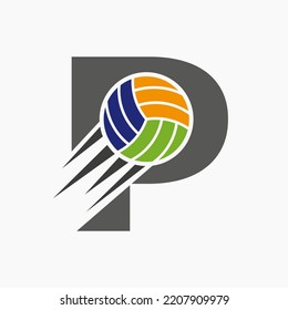 Initial Letter P Volleyball Logo Concept With Moving Volley Ball Icon. Volleyball Sports Logotype Symbol Vector Template