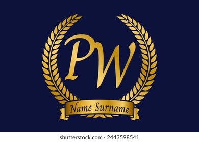 Initial letter P and W, PW monogram logo design with laurel wreath. Luxury golden calligraphy font.