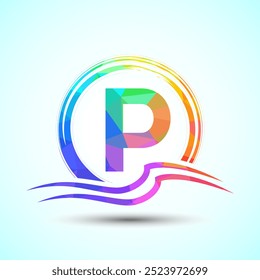 Initial letter P with water ocean waves and the sun. Beach logo design concept