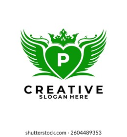 Initial Letter P with Wings, Heart, and Crown logo design vector template