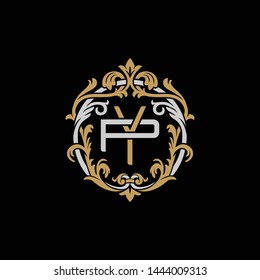 Initial letter P and Y, PY, YP, decorative ornament emblem badge, overlapping monogram logo, elegant luxury silver gold color on black background