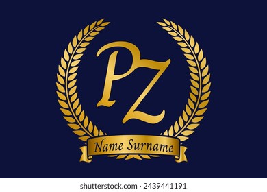 Initial letter P and Z, PZ monogram logo design with laurel wreath. Luxury golden emblem with calligraphy font.