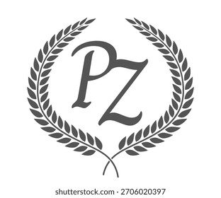 Initial letter P and Z, PZ monogram logo design with laurel wreath. Luxury calligraphy font.