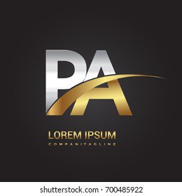 initial letter PA logotype company name colored gold and silver swoosh design. isolated on black background.