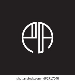 Initial letter PA, minimalist line art monogram circle shape logo, white color on black background