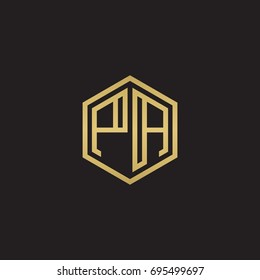 Initial letter PA, minimalist line art hexagon logo, gold color on black background
