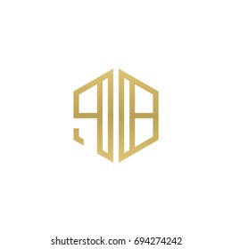 Initial letter PB, minimalist line art hexagon shape logo, gold color
