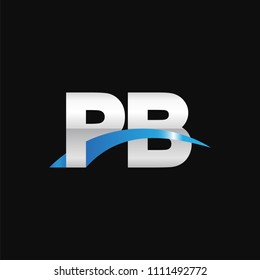 Initial letter PB, overlapping movement swoosh logo, metal silver blue color on black background