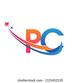 initial letter PC logotype company name colored orange, red and blue swoosh star design. vector logo for business and company identity.
