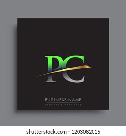 initial letter PC logotype company name colored green and gold swoosh design. vector logo for business and company