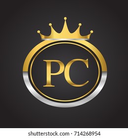 initial letter PC logotype company name with oval shape and crown, gold and silver color. vector logo for business and company identity.