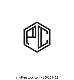 Initial letter PC, minimalist line art monogram hexagon logo, black color