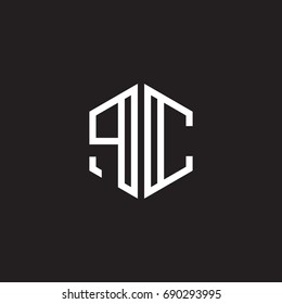 Initial letter PC, minimalist line art monogram hexagon shape logo, white color on black background