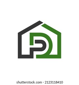 Initial letter P,D and House combination,in background white, flat minimalist vector logo design editable