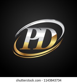 initial letter PD logotype company name colored gold and silver swoosh design. isolated on black background.