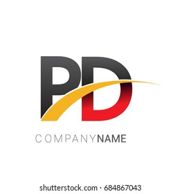 initial letter PD logotype company name colored red, black and yellow swoosh design. isolated on white background.

