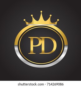 initial letter PD logotype company name with oval shape and crown, gold and silver color. vector logo for business and company identity.