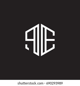 Initial letter PE, minimalist line art monogram hexagon shape logo, white color on black background