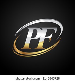 initial letter PF logotype company name colored gold and silver swoosh design. isolated on black background.