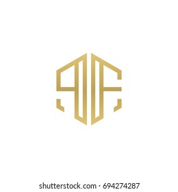 Initial letter PF, minimalist line art hexagon shape logo, gold color