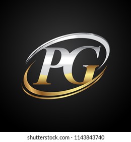 initial letter PG logotype company name colored gold and silver swoosh design. isolated on black background.