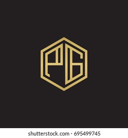 Initial letter PG, minimalist line art hexagon logo, gold color on black background