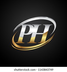 initial letter PH logotype company name colored gold and silver swoosh design. isolated on black background.
