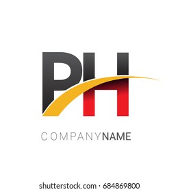 initial letter PH logotype company name colored red, black and yellow swoosh design. isolated on white background.
