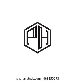 Initial letter PH, minimalist line art monogram hexagon logo, black color