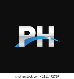 Initial letter PH, overlapping movement swoosh logo, metal silver blue color on black background