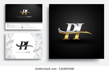 initial letter PI logotype company name colored gold and silver swoosh design. Vector sets for business identity on white background.