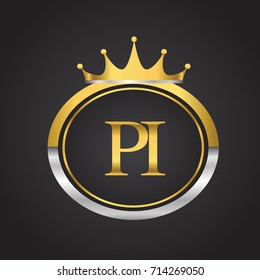 initial letter PI logotype company name with oval shape and crown, gold and silver color. vector logo for business and company identity.