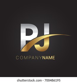 initial letter PJ logotype company name colored gold and silver swoosh design. isolated on black background.