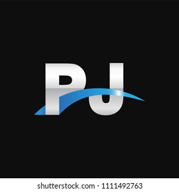 Initial letter PJ, overlapping movement swoosh logo, metal silver blue color on black background