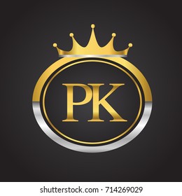 initial letter PK logotype company name with oval shape and crown, gold and silver color. vector logo for business and company identity.