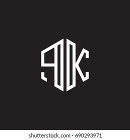 Initial letter PK, minimalist line art monogram hexagon shape logo, white color on black background