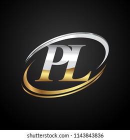 initial letter PL logotype company name colored gold and silver swoosh design. isolated on black background.