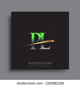 initial letter PL logotype company name colored green and gold swoosh design. vector logo for business and company