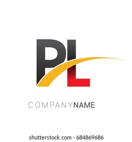 initial letter PL logotype company name colored red, black and yellow swoosh design. isolated on white background.
