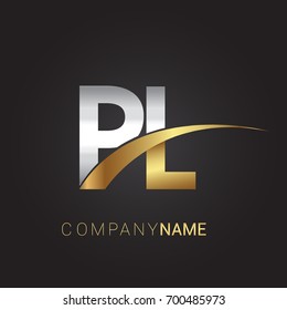 initial letter PL logotype company name colored gold and silver swoosh design. isolated on black background.